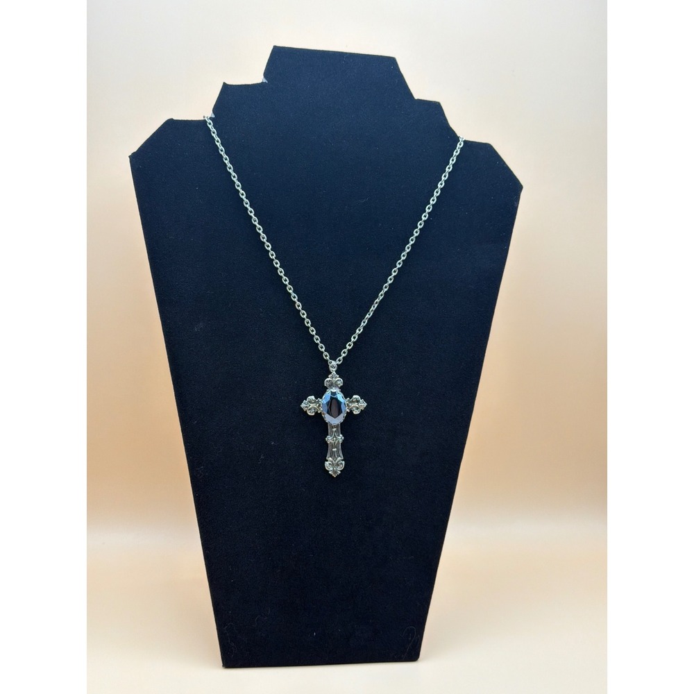 Source Unknown Silver-tone Cross Necklace with Clear Stones